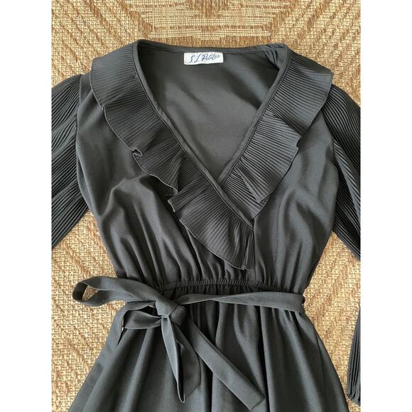 Vintage S.L. Petites Black Sheer Ruffle detailed Dress with belt retro disco - Picture 3 of 10